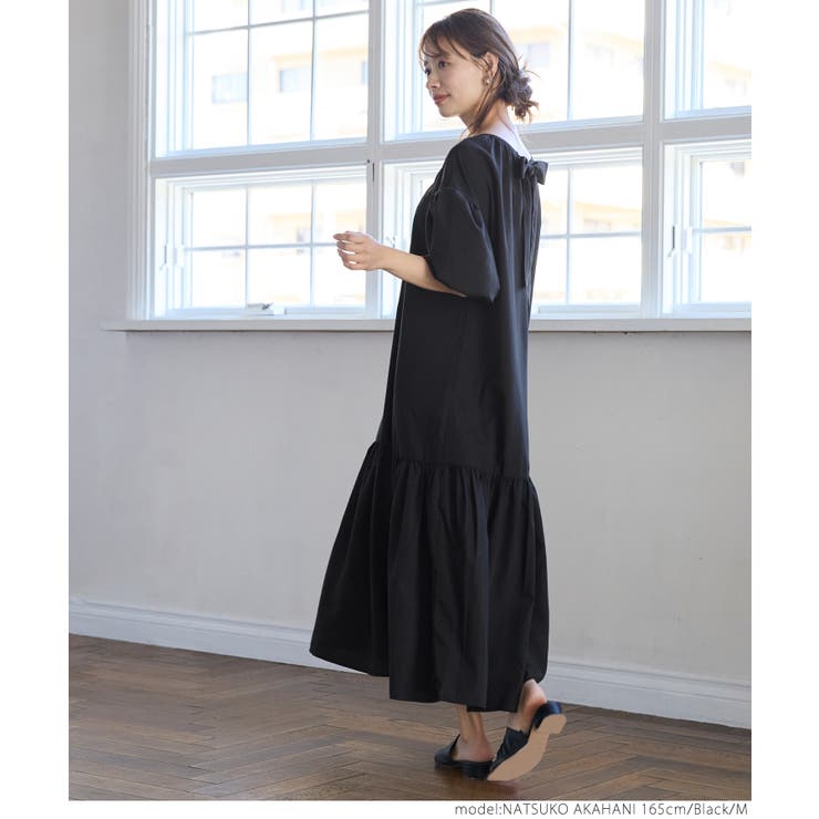 【ROKSANDA】 水色 ボリューム袖 バックリボン Vネック ワンピース ABITOKYO×Babコラボ】バックリボンVネックティアード刺繍