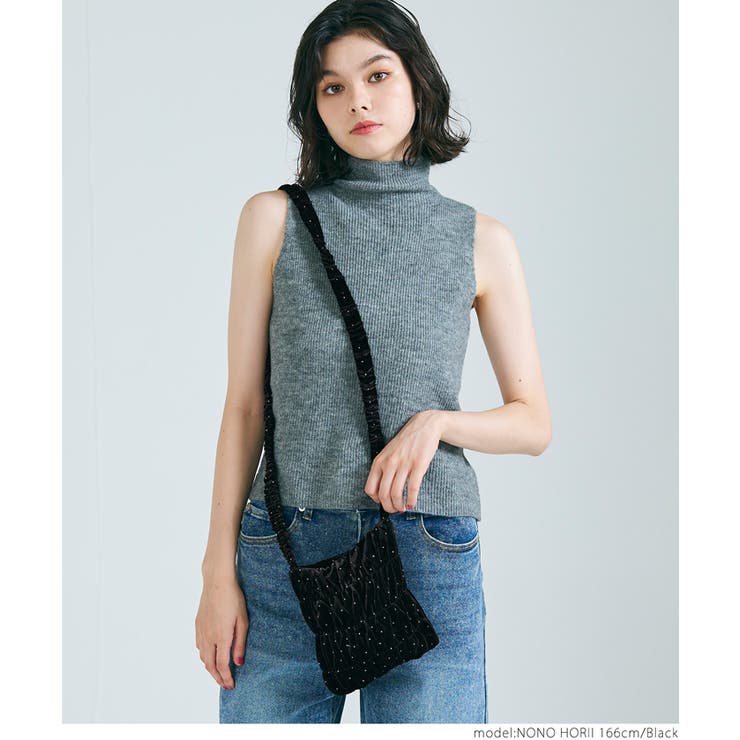 ラインストーンドット柄ベロアショルダーバッグ[品番