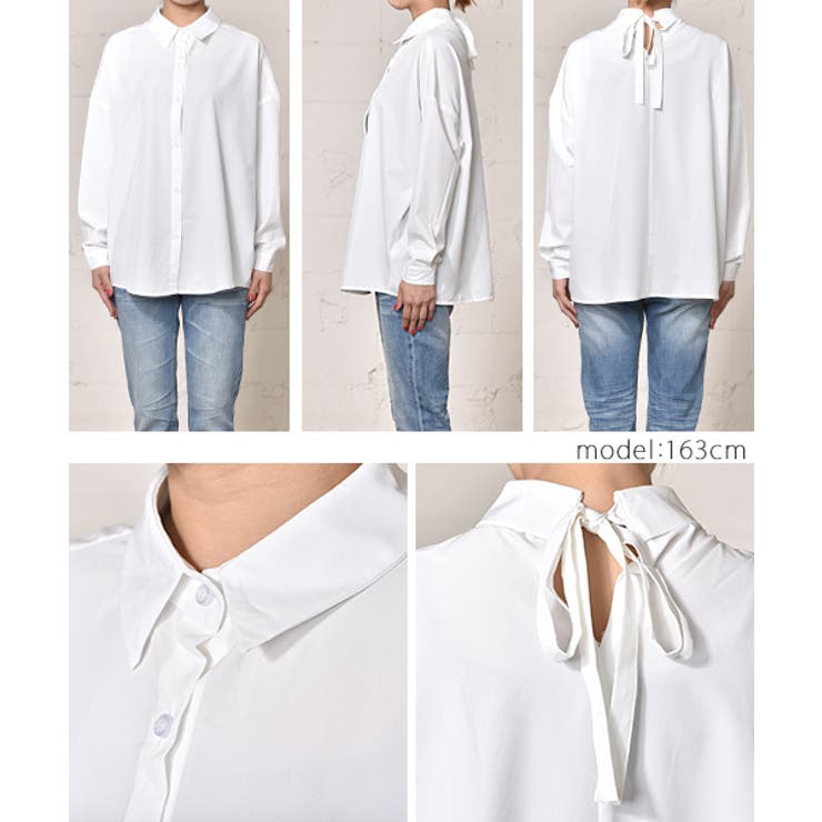 再入荷】後ろリボンシンプル長袖シャツcocaオリジナル(ブラウス 白 
