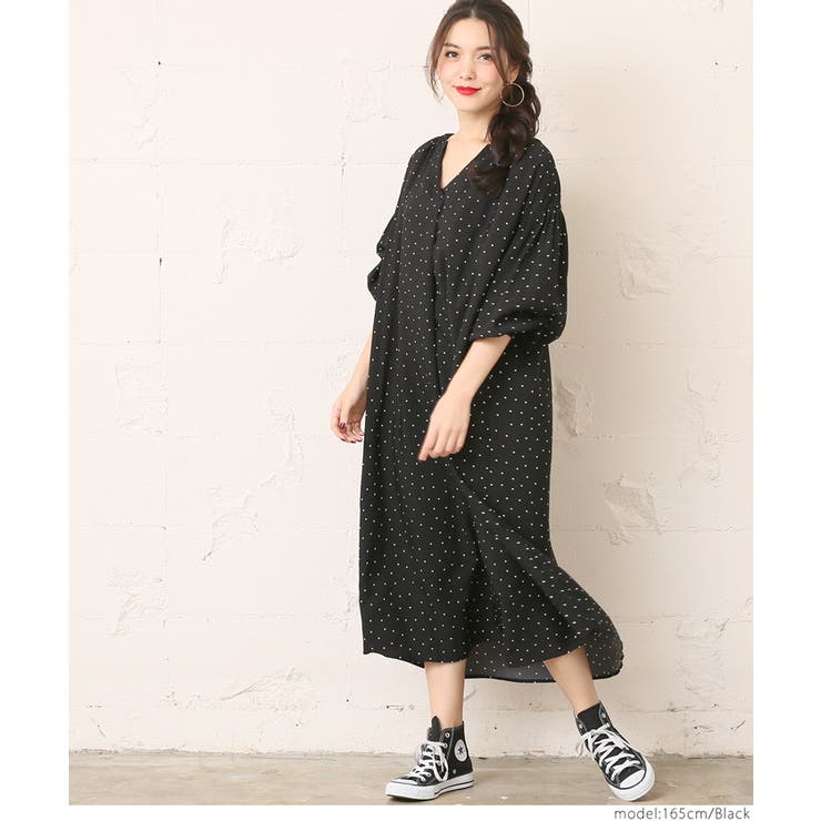 ドット柄ゆったりロングワンピースcocaオリジナル(水玉 フリー