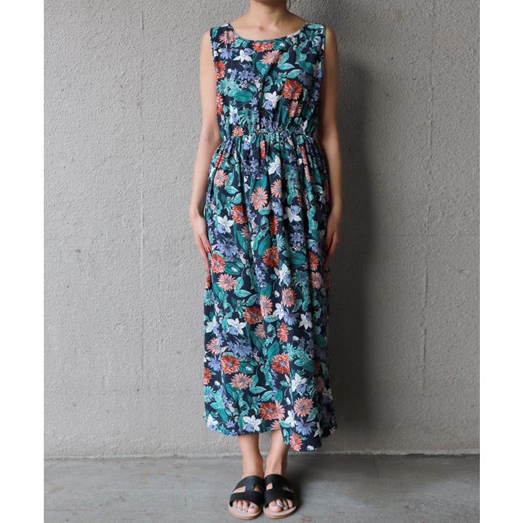 新品未使用☆ホコモモラ、フラワープリント ノースリーブワンピース　日本製 dress】フラワープリントノースリーブワンピース KD7223