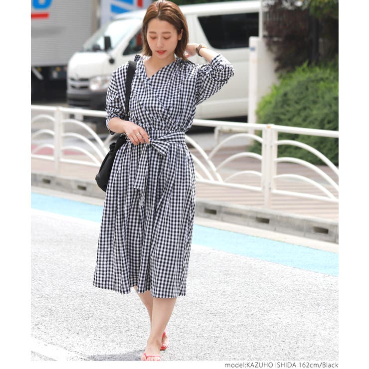 ンガムチェック柄カシュクールワンピースcocaオリジナル 石田一帆さん