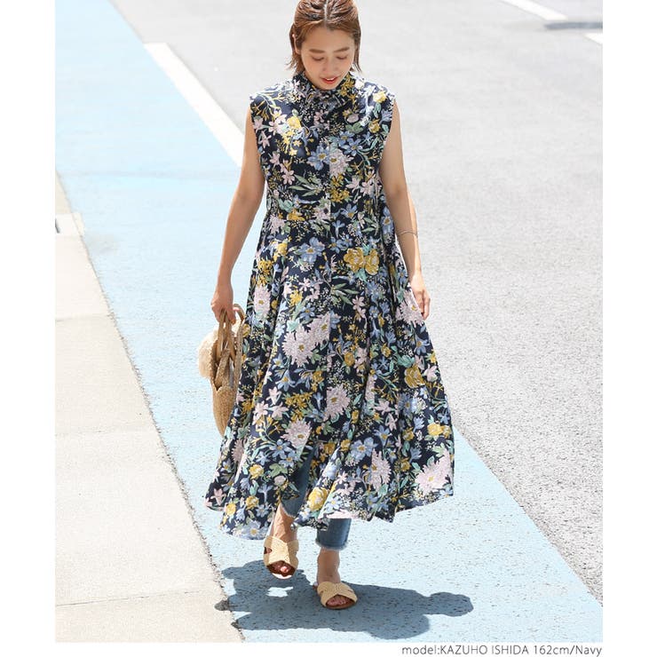 花柄ノースリーブシャツワンピース クラシカル花柄ノースリーブシャツワンピースcocaオリジナル