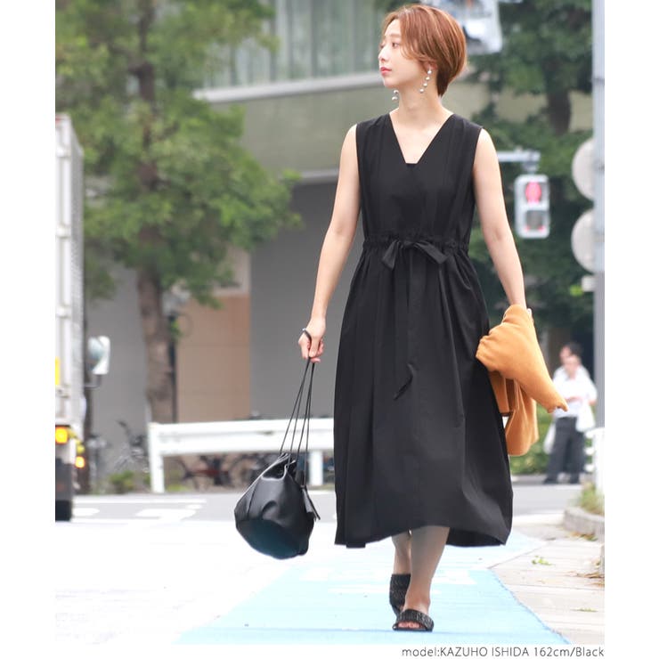カシュクール風ウエストリボンノースリーブワンピースcocaオリジナル
