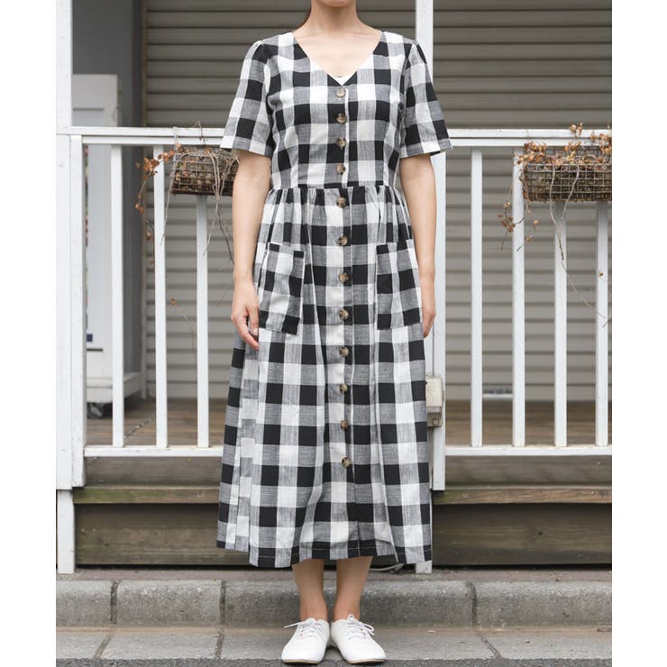 極美品 ユナイテッドアローズ ギンガムチェック Vネック フレア
