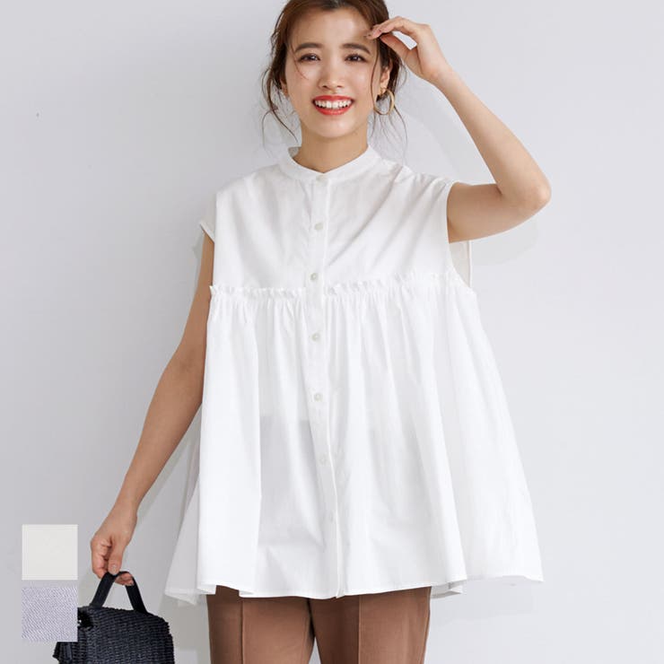 新品未使用✨45R 長袖シャツ　コットン100% タック　切り替え　ギャザー 新品未使用✨45R 長袖シャツ コットン100% タック 切り替え