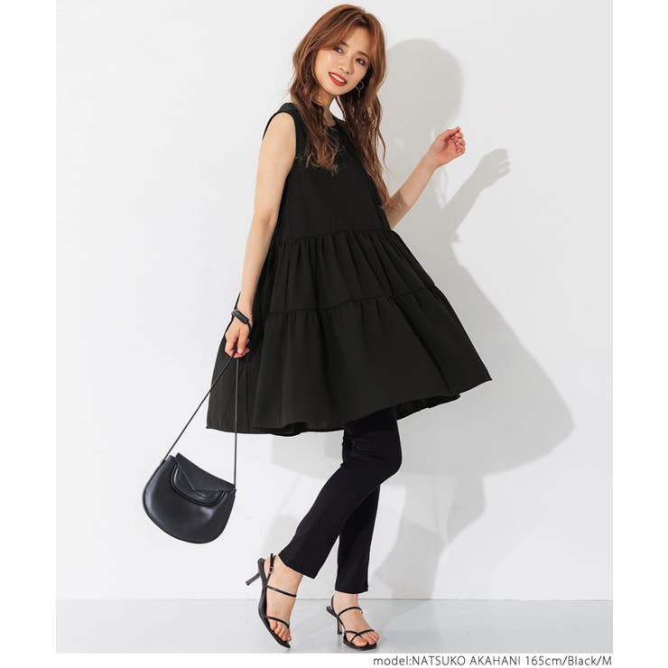 コカ coca ノースリーブサテンティアードチュニック （Black