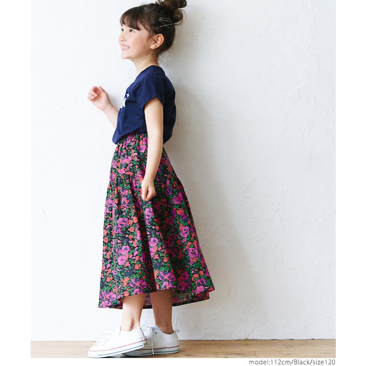 キッズ 親子お揃いブラックピンク花柄スカート[品番：PA000012652