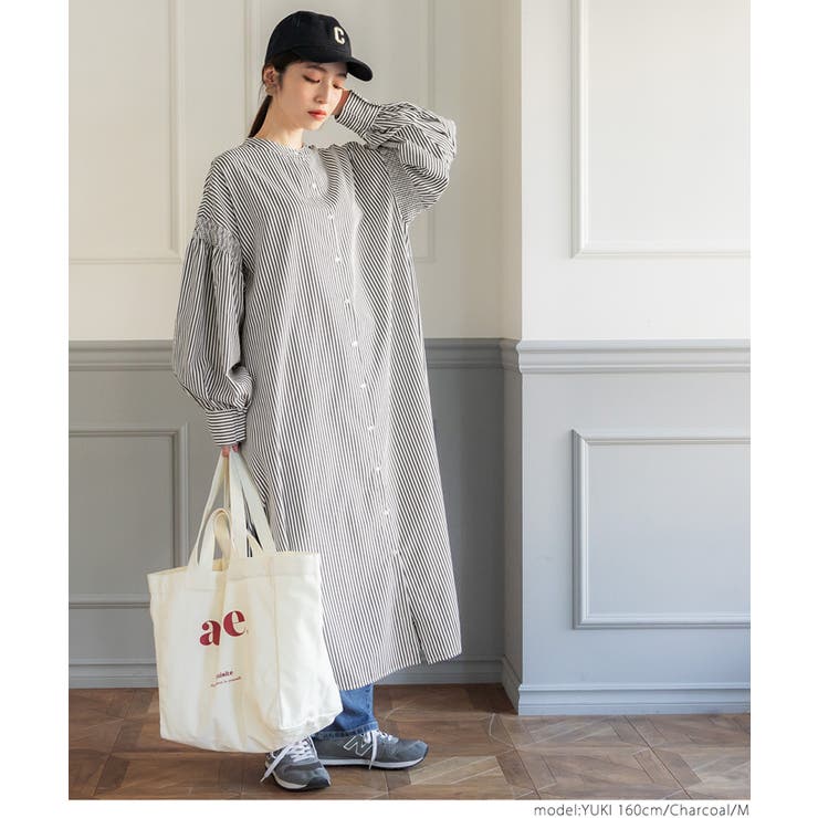 【新品未使用】HALUHIROINE シャーリングスリーブストライプワンピース GIUNON ワンピース stripe shirring dress / ストライプ