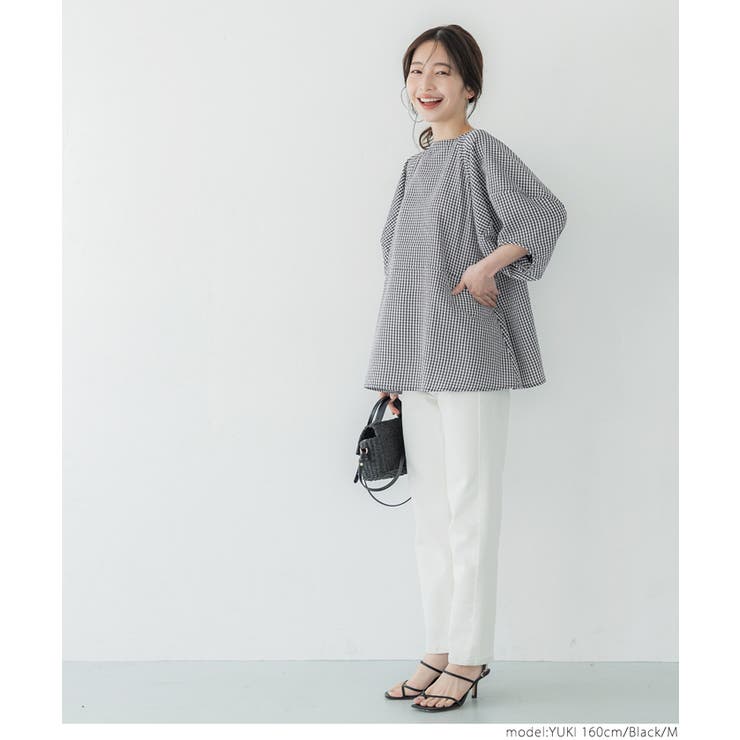 美品 ダイアグラム フリル 長袖ブラウス チェック チュニック