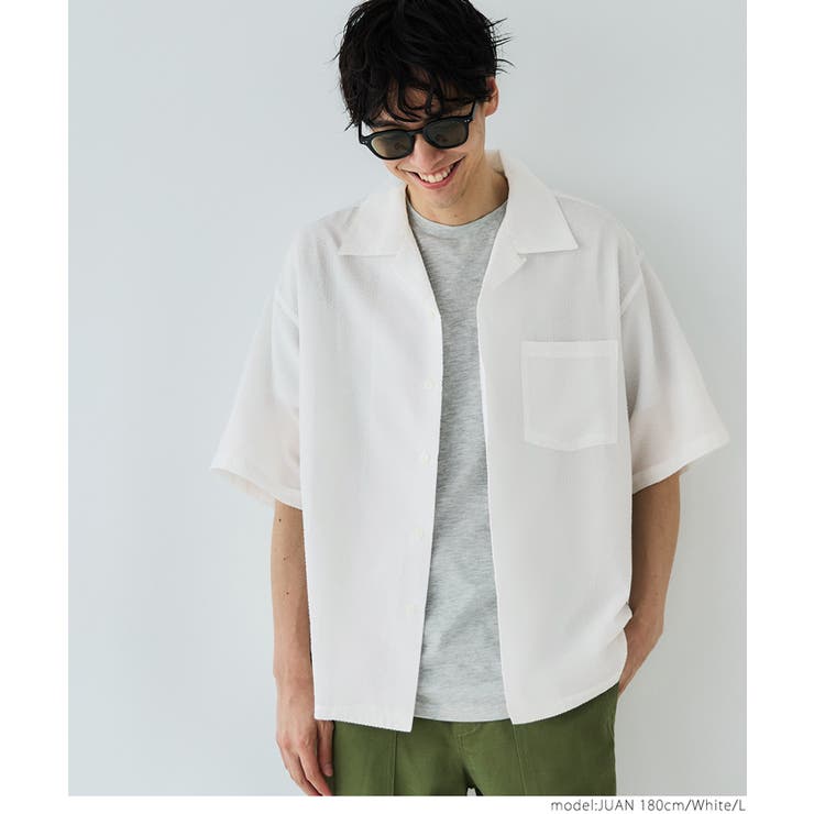 ［White］ | メンズシアサッカーストライプ開襟シャツ | coca