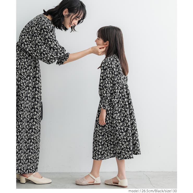 キッズ 親子お揃い花柄ボリューム袖ワンピース[品番：PA000014328