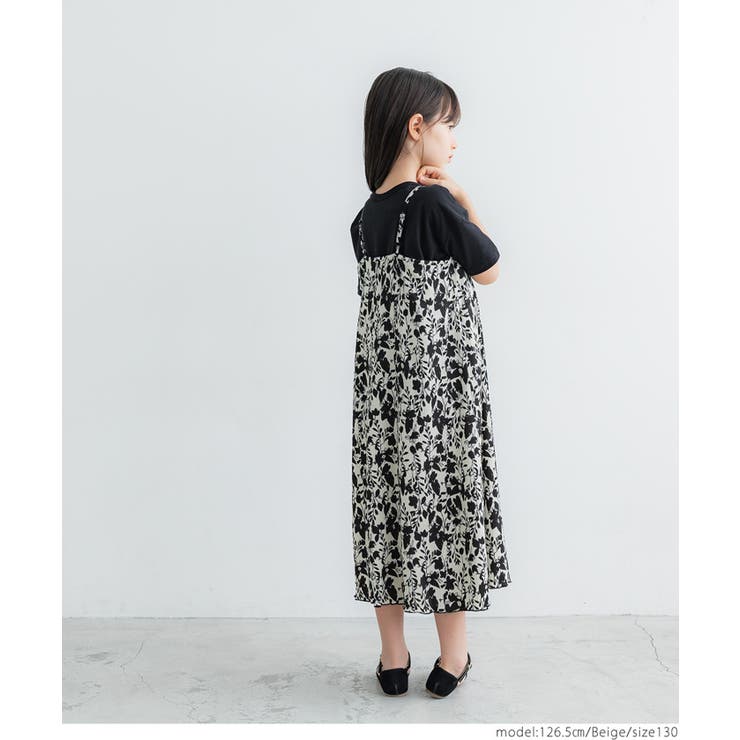 キッズ 親子お揃い花柄楊柳プリーツキャミワンピース[品番