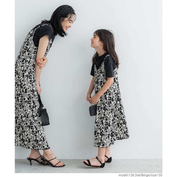 キッズ 親子お揃い花柄楊柳プリーツキャミワンピース[品番