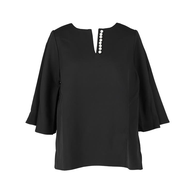 myine パール付きキーネックブラウスセットアップ(ブラック) セール】コカ coca セットアップ対応パール付きキーネック