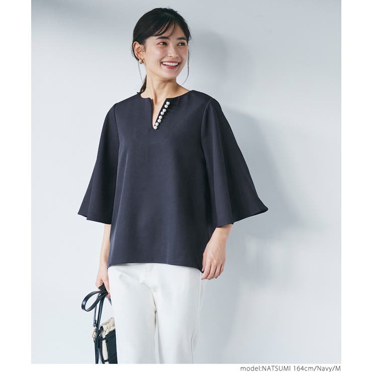パールキーネックブラウス ブラック 新品 Jines ブラウス シャツ パール付キーネックブラウス レディース