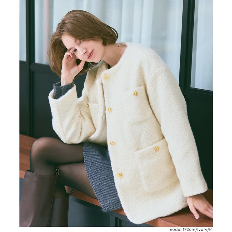 ［Ivory］ | プードル金釦ノーカラーコート | coca