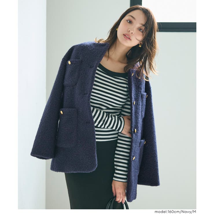 ［Navy］ | プードル金釦ノーカラーコート | coca