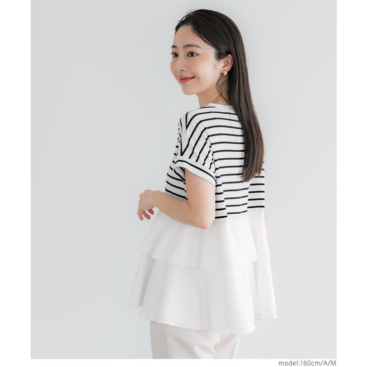 異素材切り替え2段フリルTシャツ[品番：PA000015703]｜coca
