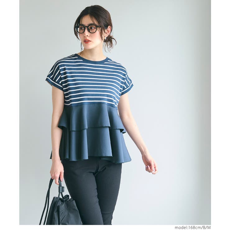 【上質な素材】HERMES プリント2素材 Tシャツ 異素材切り替え2段フリルTシャツ[品番：PA000015703]｜coca