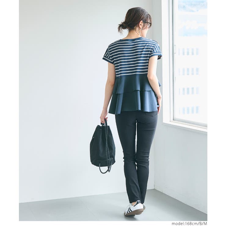 tシャツ バック二段フリル半袖Tシャツ レディース 異素材切り替え2段フリルTシャツ[品番：PA000015703]｜coca