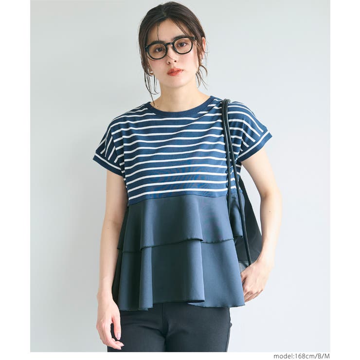 tシャツ バック二段フリル半袖Tシャツ レディース 異素材切り替え2段フリルTシャツ[品番：PA000015703]｜coca