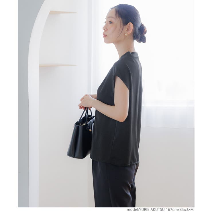 カリテ／美品プチハイネックパフ袖とろみカットソーブラウス ブラック Lace Ladies（レースレディース） プチハイネックキャンディスリーブ