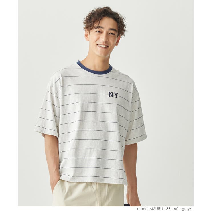 Oliver Spencer Tシャツ(刺繍ボーダー) CODDERR】アーチロゴ刺繍 ボーダー ビッグシルエットリンガーT