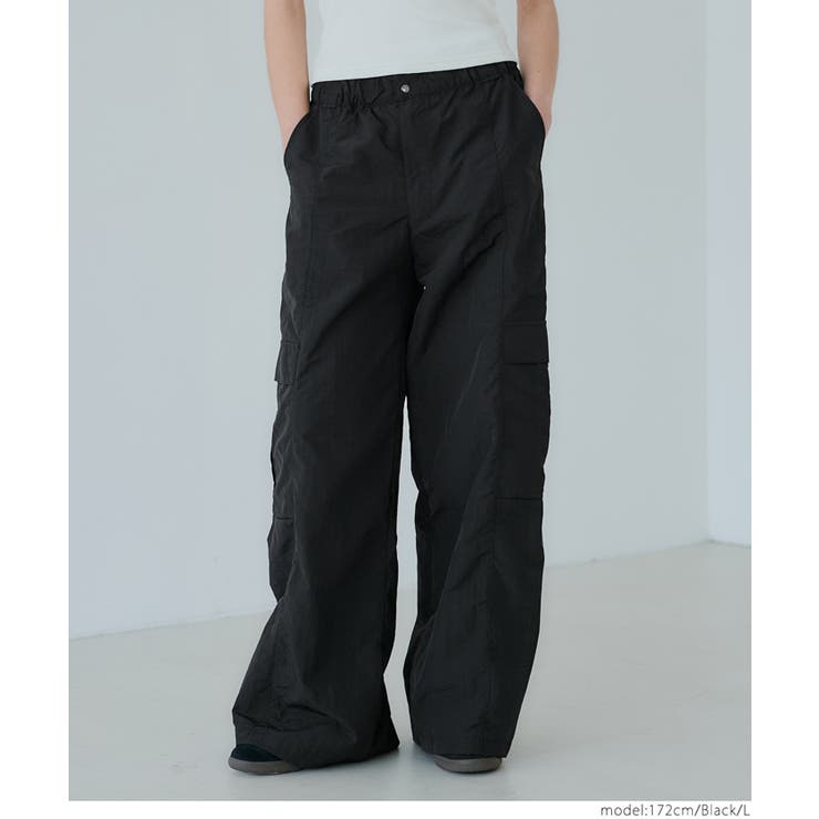 ［Black］ | ナイロンワッシャーワイドパンツ レディース | coca