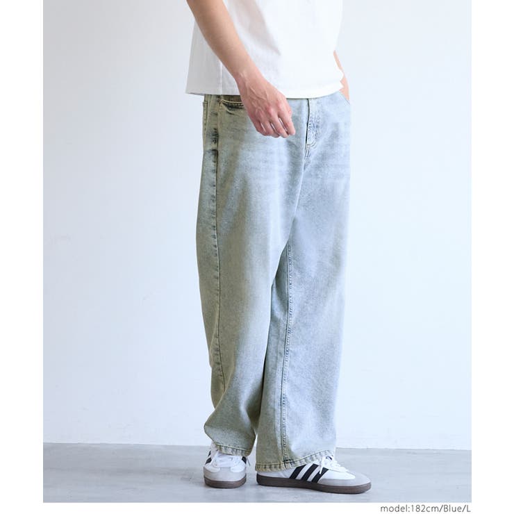 サマー ホワイト デニム パンツ 韓国 カジュアル メンズ cr9801 ◇ワイドストレート ハードクラッシュ デニムパンツ◇kr-22059