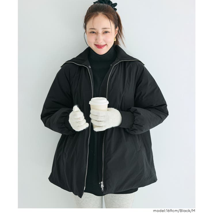［Black］ | 【洗える】 Aラインカールネック中綿コート | coca