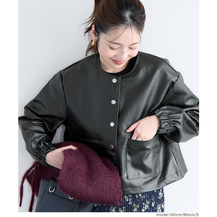 【新品】24AW ソブ フェイクレザーノーカラージャケット 黒 現行 ダブスタ フェイクレザーノーカラージャケット[品番：PA000017493]｜coca（コカ