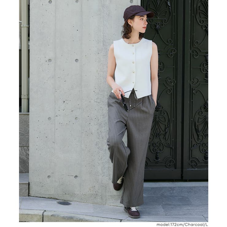 ［Charcoal］ | ヘリンボーンストライプイージーパンツ | coca