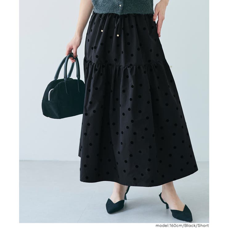 ［Black］ | フロッキープリントティアードスカート | coca