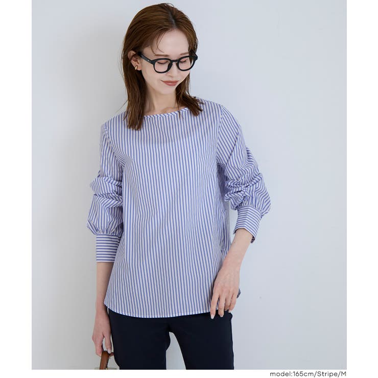 ［Stripe］ | バックジップノーカラーブラウス | coca