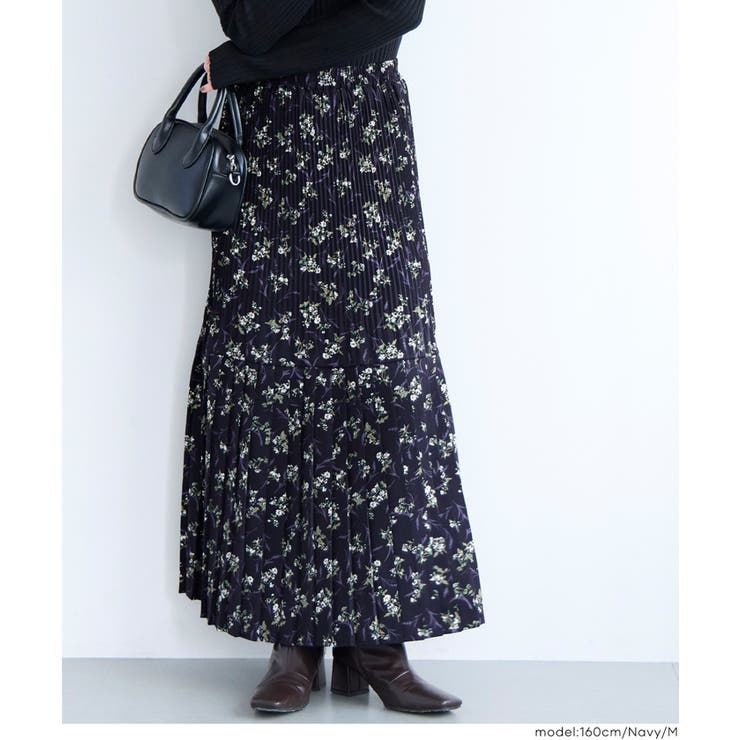 ［Navy］ | 花柄プリーツロングスカート | coca