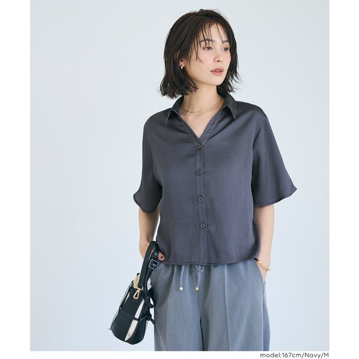 ［Navy］ | ライトサッカーサテン半袖シャツ | coca