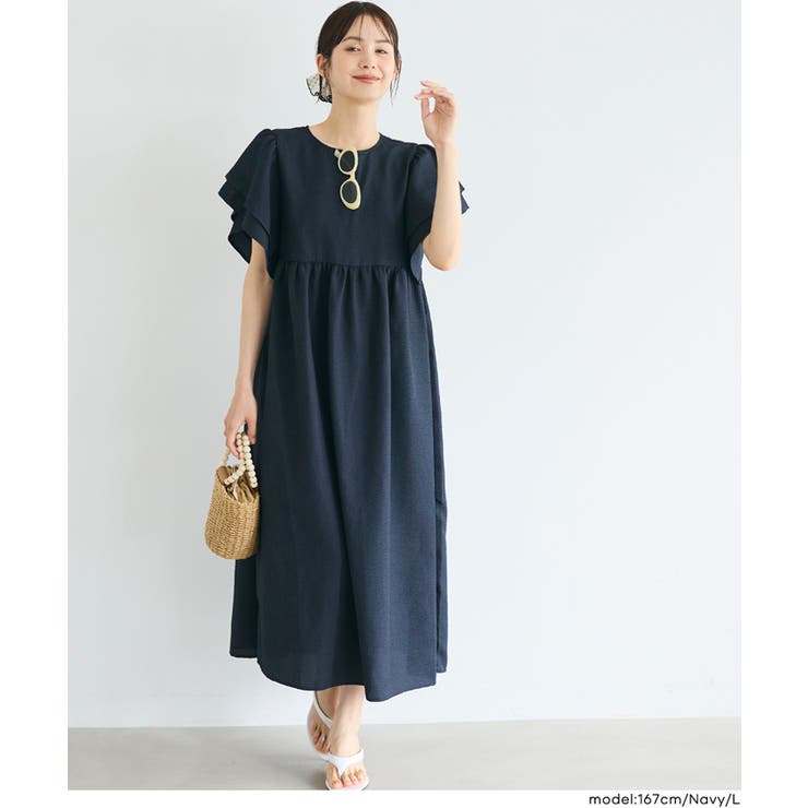 [Navy] | 【速乾】サッカーフレア袖ワンピース | coca