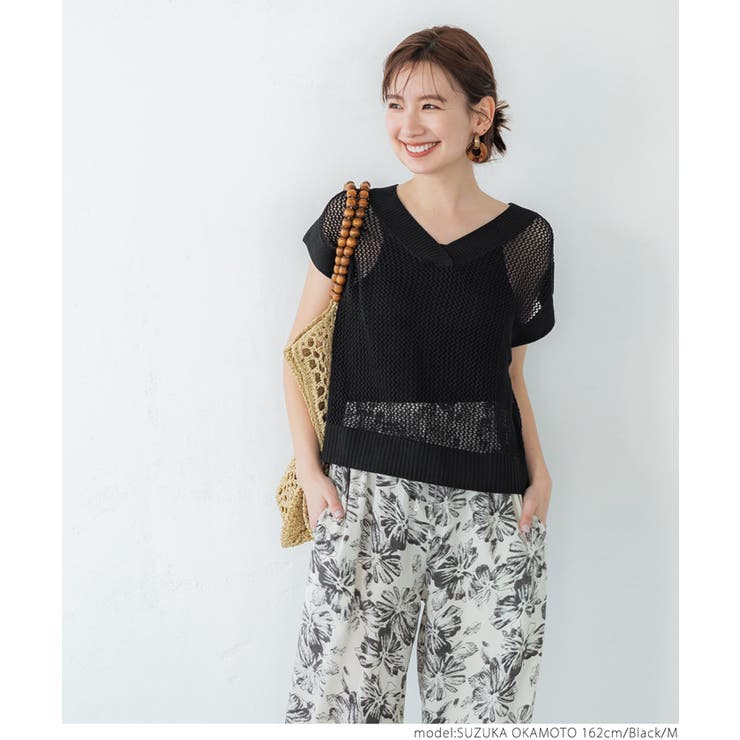 麻タッチ鎖編みメッシュニットベスト[品番：PA000014076]｜coca