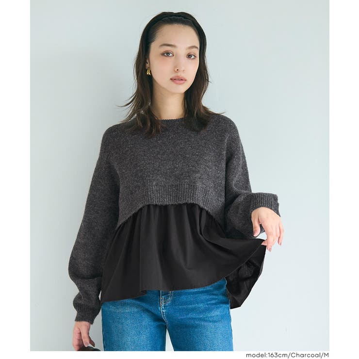 ［Charcoal］ | 1枚で華やぐレイヤード風ドッキングギャザーニット | coca