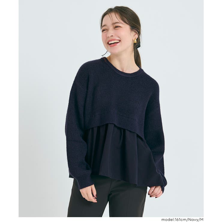 ［Navy］ | 1枚で華やぐレイヤード風ドッキングギャザーニット | coca