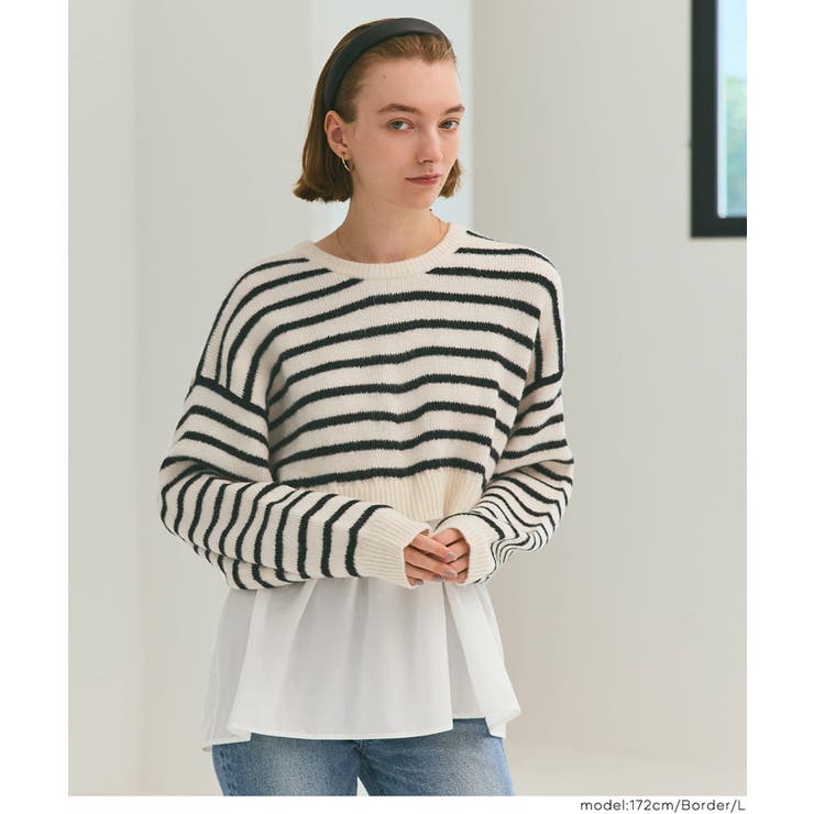 1枚で華やぐレイヤード風ドッキングギャザーニット[品番