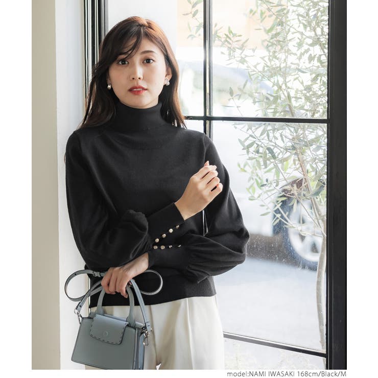 袖金ボタンタートルネックニットトップス[品番：PA000015213