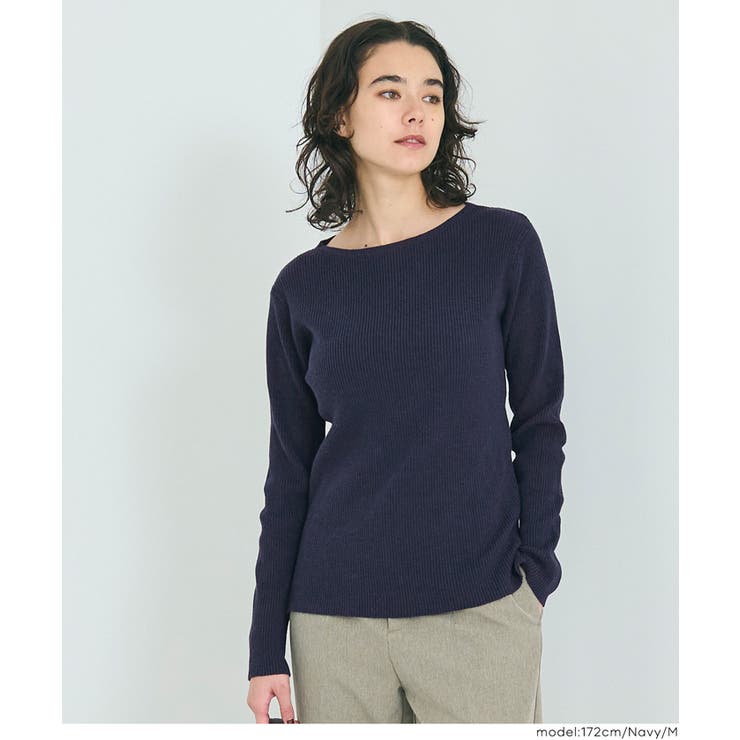［Navy］ | 女性らしいシルエットで上品に魅せる、アンゴラタッチボートネックニットトップス | coca