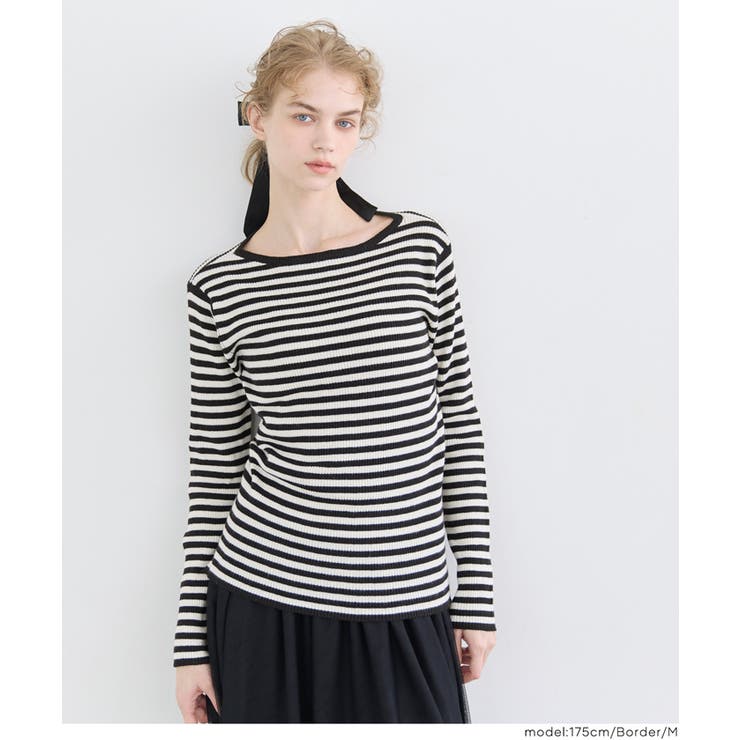 ［Border］ | 女性らしいシルエットで上品に魅せる、アンゴラタッチボートネックニットトップス | coca