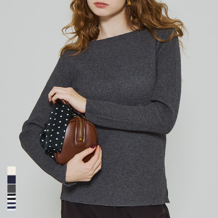 女性らしいシルエットで上品に魅せる、アンゴラタッチボートネックニットトップス | coca | 詳細画像1 