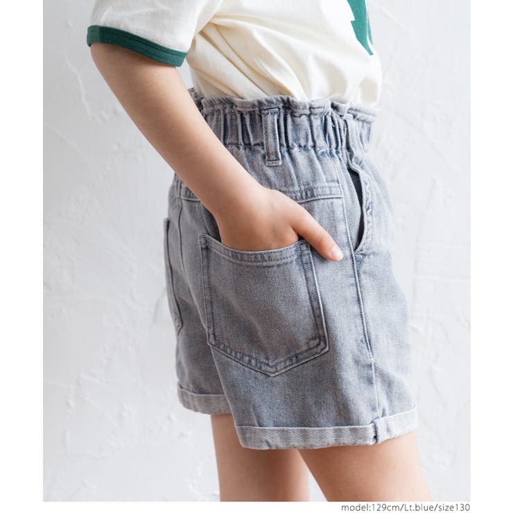 キッズ ガールズ 裾ロールアップデニムショートパンツ[品番