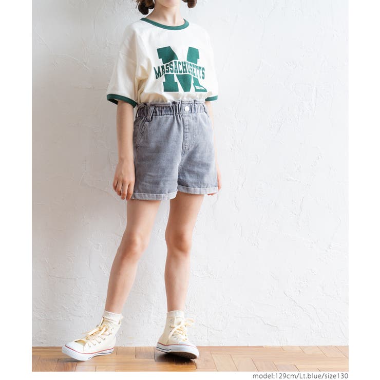 キッズ ガールズ 裾ロールアップデニムショートパンツ[品番