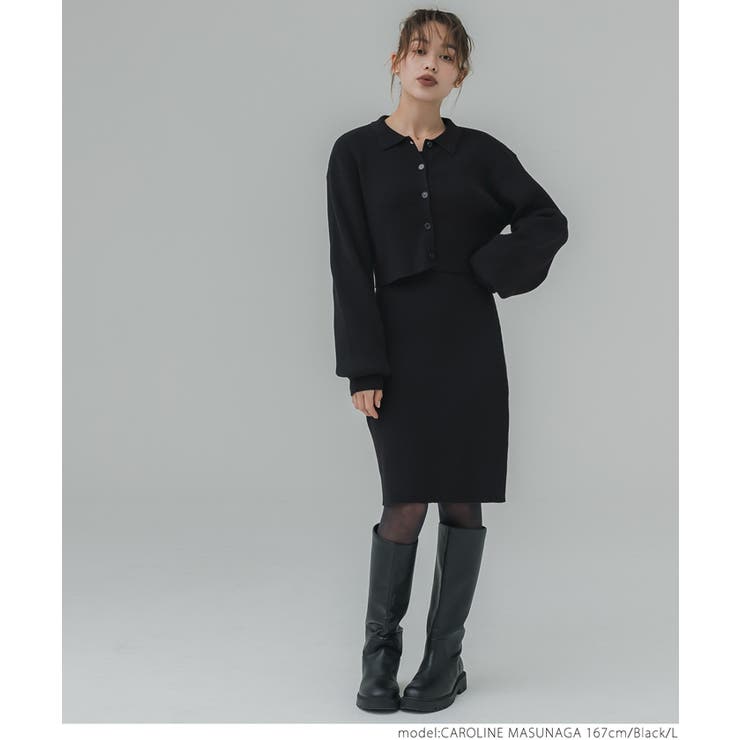 ［Black］ | 2点セットリブニットポロ＆ワンピース レディース | coca
