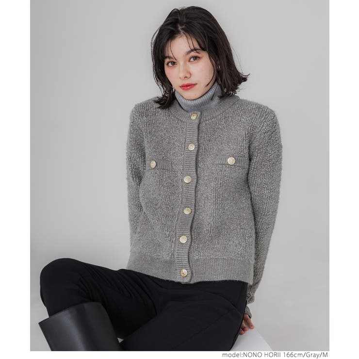 美品23区 ツイードニット ジャケット 金ボタン ゆったり大きめ 人気 定番 セール】ツイード金ボタンジャケット（ノーカラージャケット